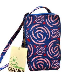 NWT GANNI Cotton Canvas Blue Flower Print Phone Bag Necklace Strap